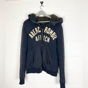 Abercrombie & Fitch A&F Wolf Jaw Jacket XL distressed faux fur lined blue brown